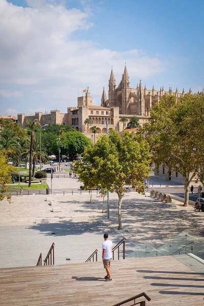 Looking out at Palau de s'almudaina and Palma Cathedral in Palma de Mallorca, Spain