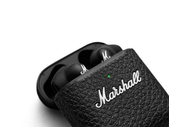 Zoomed image on open case of Marshall Minor III Black Earbuds