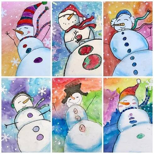 four snowmen are shown in different colors