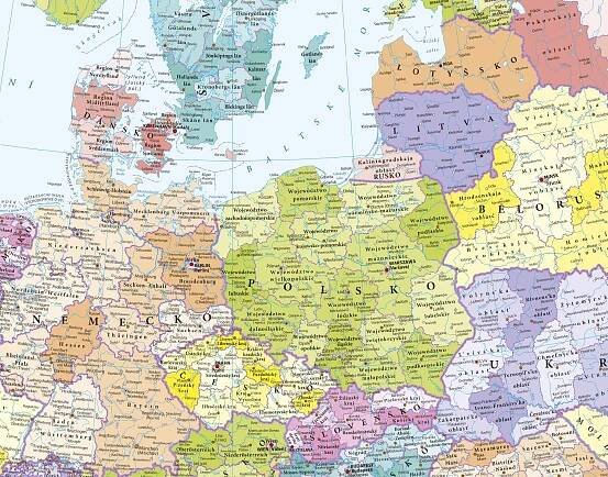 Evropa: Nástěnná administrativní mapa 1:4 500 000 - Kartografie PRAHA (2024, laminovaná s plastovými lištami)