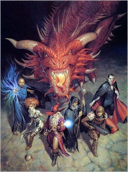 Download Heroes unite to take on a powerful red dragon Wallpaper