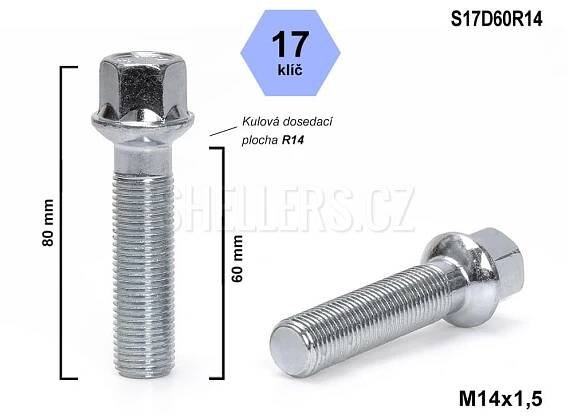 Kolový šroub M14x1,5x60 kulový R14, klíč 17, S17D60R14, výška 80 mm - SHELLERS