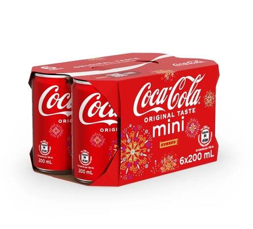 Digital twin of a Coca-Cola 6-pack featuring mini cans with a festive red design for Chinese New Year. The packaging prominently displays the Coca-Cola logo in white, alongside 'Original Taste' and 'mini' branding. Decorative fireworks and traditional Chinese motifs enhance the celebratory theme. Each can contains 200 ml, and the packaging highlights calorie information and promotional text in Mandarin.
