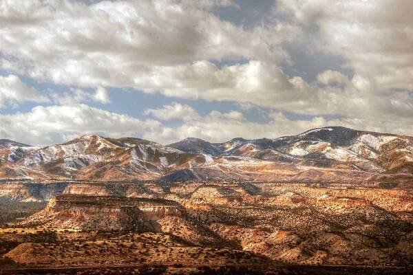 View of Los Alamos and the snow-capped Jemez Mountains