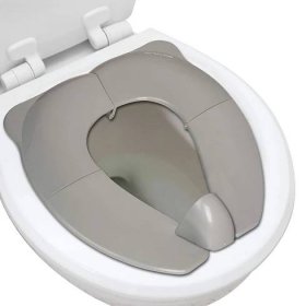 Grey potty seat that folds up with pee guard