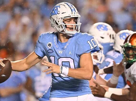 Drake Maye drops back to pass against the Florida A&M Rattlers during their game on August 27, 2022 in Chapel Hill, North Carolina.