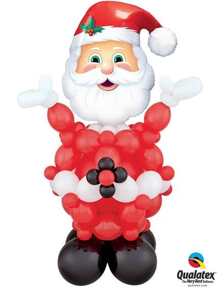 A santa claus made out of red and white balloons