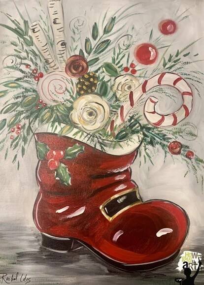 a painting of a boot with flowers and candy canes