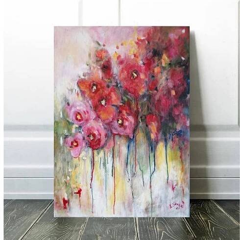 Abstract Painting with Red Flowers