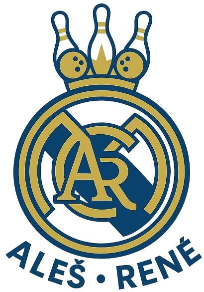 obrázek ve stylu loga realu madrid, musí obdsahovat iniciály jmen Aleš a René, motiv koruny je vytvořen z kuželek a kuželkářských koulí – VytvořSiPotisk.cz