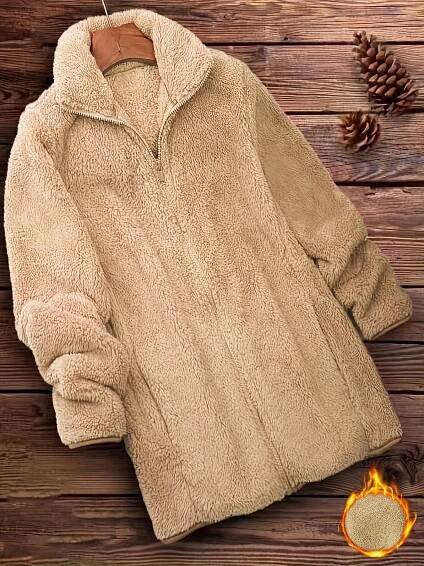 zip up solid teddy coat casual long sleeve winter outerwear womens clothing khaki 0