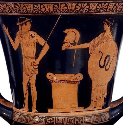 Thetis presents Achilles with the new armor that she had Hephaestus make for him.