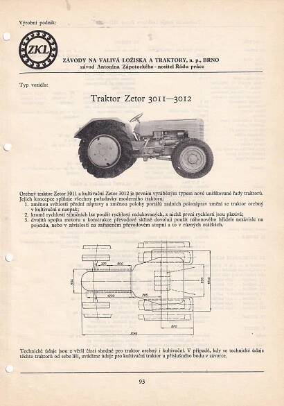 ZEMĚDĚLSKÝ TRAKTOR ZETOR 3011 - 3012 - KATALOGOVÝ LIST 1960