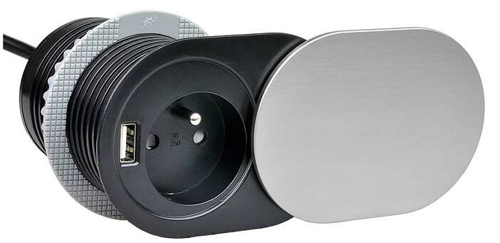 Vestavná zásuvka SLIDE 1x 230V a 1x USB nabíječka nerez