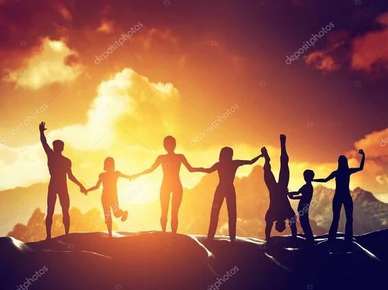 Stáhnout - Šťastný skupina lidi, přátelé, rodina, zábava, oslava života na vrcholu hory. děti, rodiče, senioři — Stock obrázek