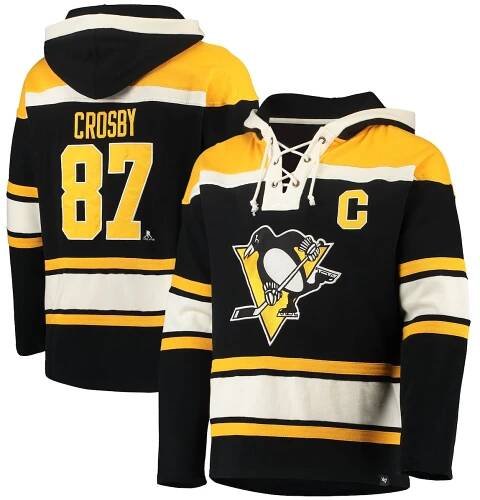 Men's '47 Sidney Crosby Black Pittsburgh Penguins Player Name & Number Lacer Pullover Hoodie