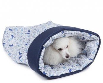 Pelíšek spací pytel pro psy modrý s pejsky š55 x d70 cm
