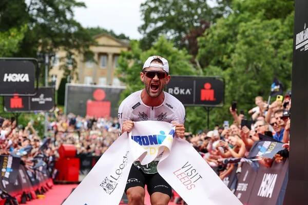 LEEDS, ENGLAND - JULY 27:   Sam Laidlow of France reacts after winning Ironman Leeds on July 27, 2025 in Leeds, England.