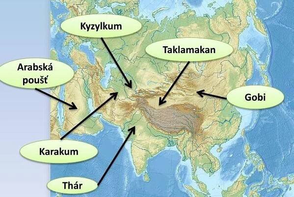 mapa - pouste Karakum, Kyzylkum, Taklamakan a Gobi