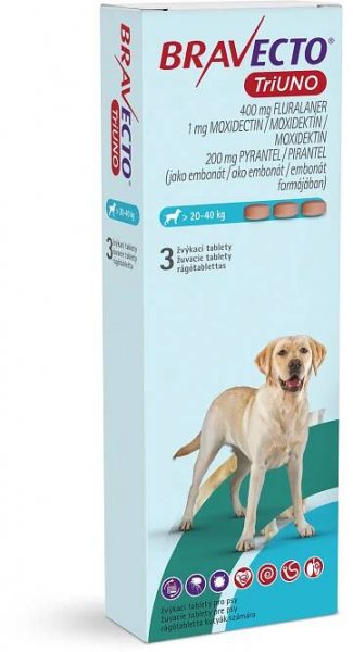 BRAVECTO TriUNO žvýkací tablety pro psy L (> 20-40 kg) ⋆ CYMEDICA – partner pro veterinární profesionály