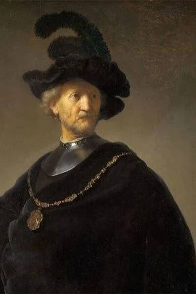 an old man wearing a black outfit and hat with feathers on it's head