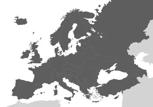 Politická prázdná mapa Evropy v šedé barvě s bílým pozadím. Vektorová ilustrace — Ilustrace