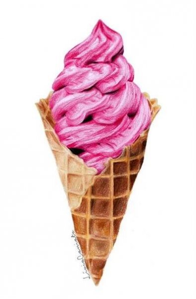 a drawing of an ice cream cone with pink icing in it's cone