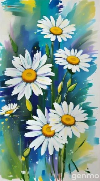 a painting of white daisies with yellow centers on a blue, green and purple background