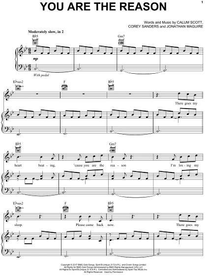 Learn to play Calum Scott You Are The Reason sheet music for Piano, Vocal & Guitar Chords (Right-Hand Melody) in minutes. Price: 7.8900$ 