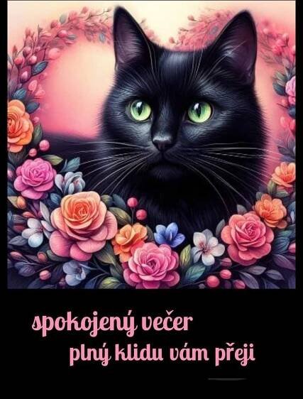 Black Cat with Green Eyes and Floral Frame