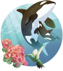 Koláž: Velryba s mládětem, květy a kolibřík