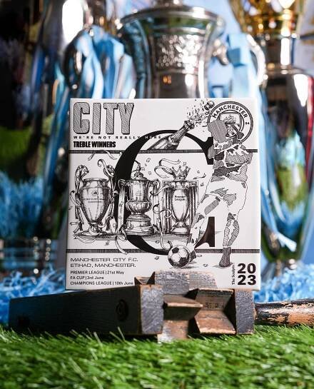 Manchester City Treble Tile with Premier League, FA Cup, and Champions League trophies