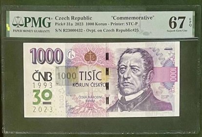 MEGA POSTUPKA RADAR Výroční 1000Kč ČNB 2023s přítiskem R23000432 PMG67 - Bankovky