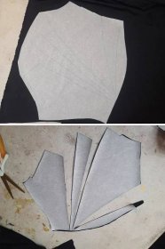 A 2 part image showing the main front bodice piece being cut out.