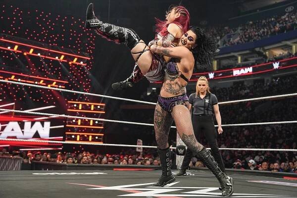 BUFFALO, NEW YORK - MARCH 3: Rhea Ripley in action against IYO SKY during Monday Night RAW at KeyBank Center on March 3, 2025 in Buffalo, New York. (Photo by Georgiana Dallas/WWE via Getty Images)