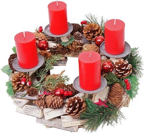 Adventní věnec HWC-H49, vánoční dekorace Adventní květinové aranžmá, dřevo kulaté Ø 33cm včetně 4x svíček červená