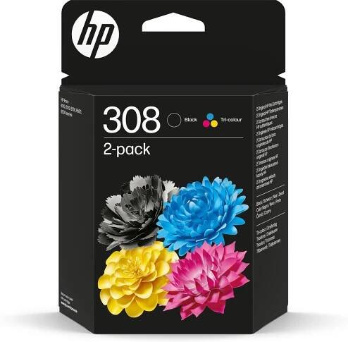 Obrázek produktu pro HP Originální černá/tříbarevná inkoustová kazeta 308 balení 2 ks, Standardní výtěžnost, Černá, Azurová, Purpurová, Žlutá, Inkoust na bázi barvy, Inkoust na pigmentové bázi, 2 kusů, Kombinované balení