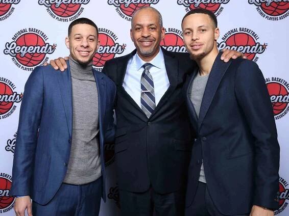 Seth Curry, Dell Curry and Stephen Curry pose for a portrait at the Legends Brunch during the 2019 NBA All-Star Weekend