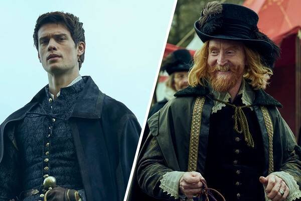 Slanted side-by-side of George (Nicholas Galitzine) and King James (Tony Curran) in 'Mary & George' Episode 4