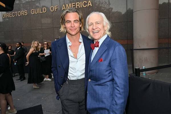 Chris Pine and Robert Pine arrive at the premiere of the Apple TV+ limited series "Five Days at Memorial" held at the DGA Theater Complex on August 8, 2022 in Los Angeles, California.
