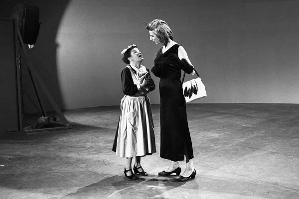 Left to Right: Barbara Luddy (Nanny) and Mary Wickes (Cruella De Vil) perform live-action reference for Walt Disney's One Hundred and One Dalmatians (1961).