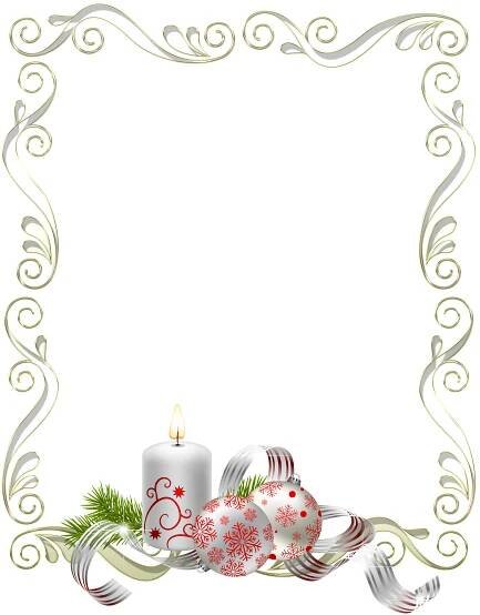 a christmas frame with two white candles and ornaments on the edge, in front of a white background