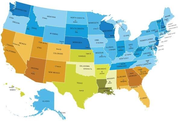 Mapa USA s názvy států — Ilustrace