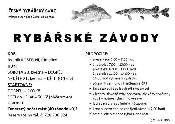 Kalendář akcí - Rybářské závody rybník Kostelní Čimelice 20.5.2023 a 21.5.2023 | MRK.cz