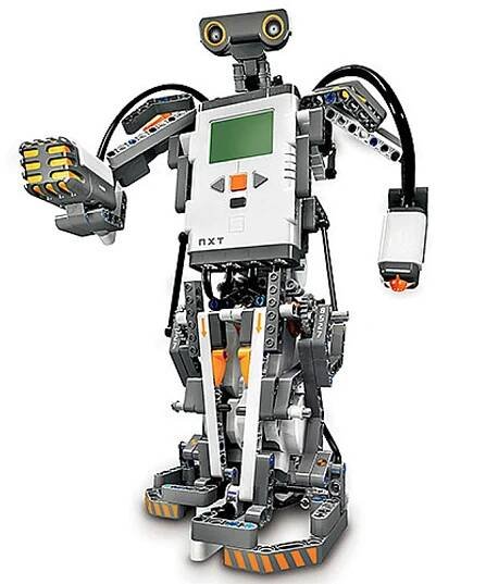 A humanoid robot made of Lego bricks, with a programmable module for a torso.