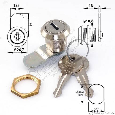 SEZAM.CZ s.r.o. - KOVÁNÍ NÁBYTKOVÉ: EUROLOCKS B455-0099, 2 klíče - Nábytkový zámek 16 mm, závit M19, lomená závorka 32 mm