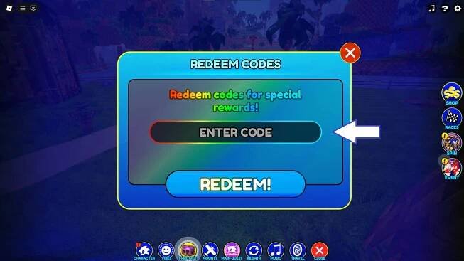 A screenshot of Sonic Speed Simulator in Roblox showing the game's codes field.