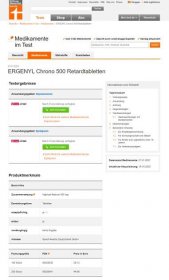 Ergenyl Chrono 500 Retardtabletten (Valproat-Natrium) - Infos gibts bei der Stiftung Warentest unter https://www.test.de/medikamente/medikament/ergenyl-chrono-500-retardtabletten-n3166/ (Screenshot 06.01.2020)