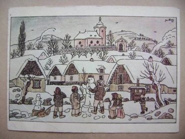 Josef Lada - zima zimní radovánky sněhulák na návsi, kolorovná kresba - Sběratelství