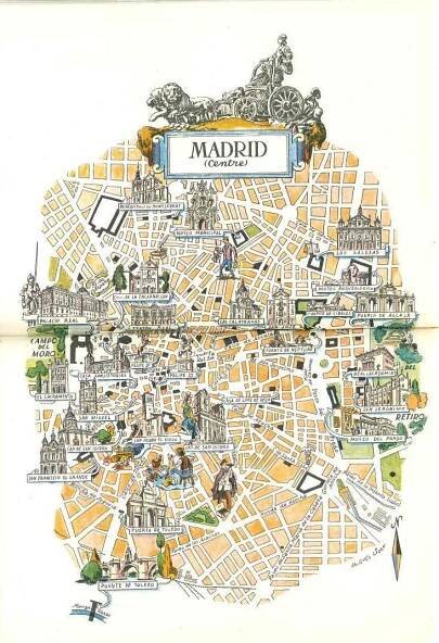 an illustrated map of madrid with buildings and people in the city, as well as other things